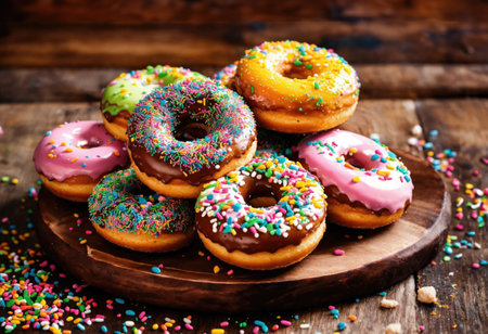 Multicolored donuts with sprinkles on wooden backgroundの素材