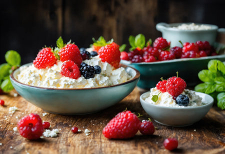 Rustic grainy cottage cheese with berries in a bowlの素材