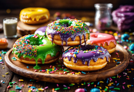 Multicolored donuts with sprinkles on wooden backgroundの素材