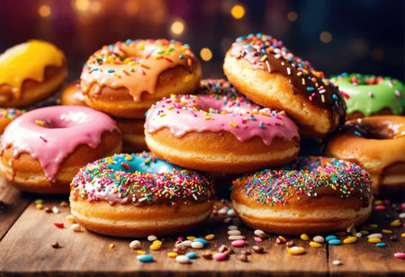 Multicolored donuts with sprinkles on wooden backgroundの素材