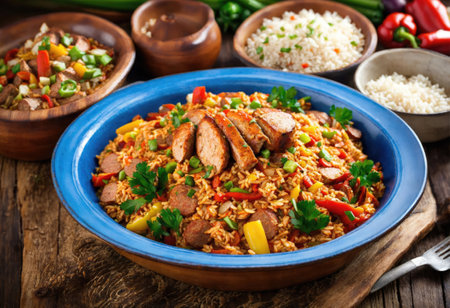 Creole jambalaya with rice, chicken meat, sausages and vegetables on wooden backgroundの素材