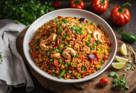 Creole jambalaya with rice, chicken meat, sausages and vegetables on wooden backgroundの素材