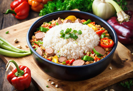 Creole jambalaya with rice, chicken meat, sausages and vegetables on wooden backgroundの素材