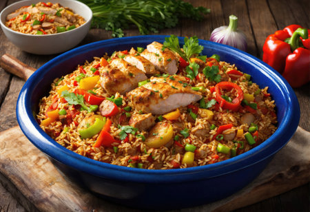 Creole jambalaya with rice, chicken meat, sausages and vegetables on wooden backgroundの素材