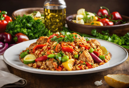 Creole jambalaya with rice, chicken meat, sausages and vegetables on wooden backgroundの素材