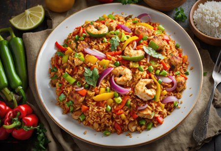 Mexican rice with prawns and vegetables, close-upの素材