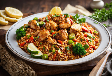 Creole jambalaya with rice, chicken meat, sausages and vegetables on wooden backgroundの素材