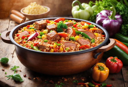 Creole jambalaya with rice, chicken meat, sausages and vegetables on wooden backgroundの素材