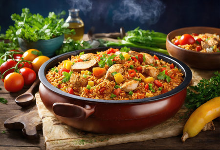 Creole jambalaya with rice, chicken meat, sausages and vegetables on wooden backgroundの素材