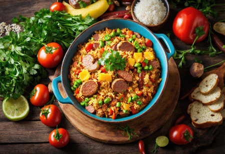 Creole jambalaya with rice, chicken meat, sausages and vegetables on wooden backgroundの素材