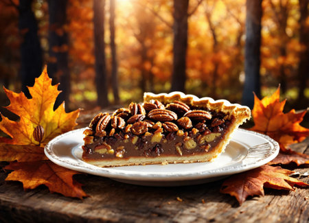 Pecan pie on rustic wooden tableの素材