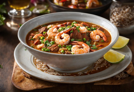 Soup gumbo with shrimp, chorizo and riceの素材