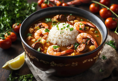 Soup gumbo with shrimp, chorizo and riceの素材