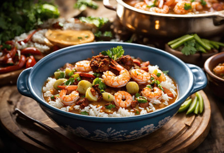 Soup gumbo with shrimp, chorizo and riceの素材