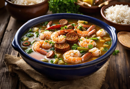 Soup gumbo with shrimp, chorizo and riceの素材