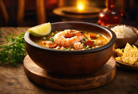 Soup gumbo with shrimp, chorizo and riceの素材