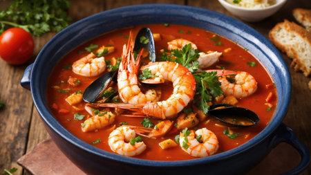 Fish stew cioppino with prawns and fish on plate. Traditional American cuisineの素材