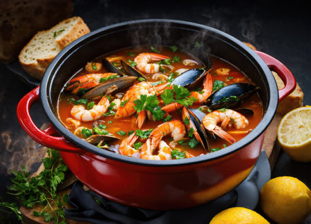 Fish stew cioppino with prawns and fish on plate. Traditional American cuisineの素材