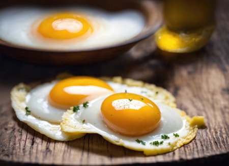 Fried eggs on wooden tableの素材