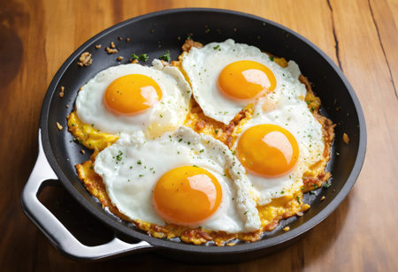 Fried eggs in a frying pan on wooden tableの素材
