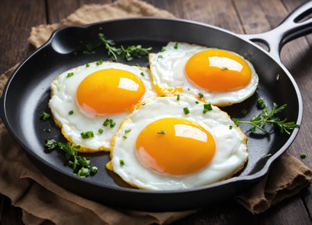 Fried eggs in a frying pan on wooden tableの素材