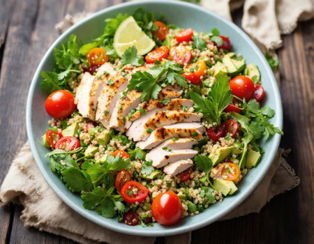 Healthy salad with quinoa, cherry tomatoes, chicken meat, avocado, lime and mixed greens, lettuce, parsley on a wooden table. Superfood and healthの素材