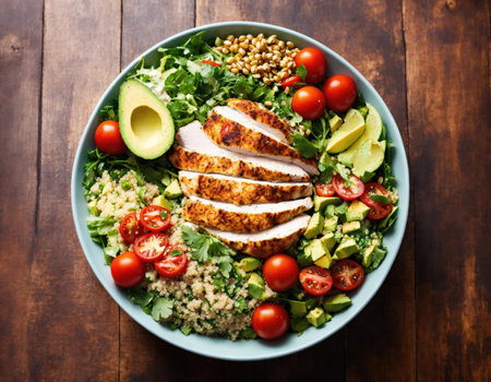 Healthy salad with quinoa, cherry tomatoes, chicken meat, avocado, lime and mixed greens, lettuce, parsley on a wooden table. Superfood and healthの素材