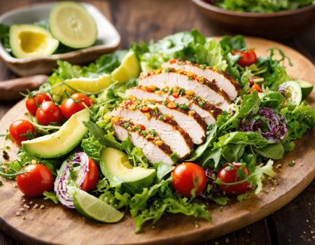 Healthy salad with quinoa, cherry tomatoes, chicken meat, avocado, lime and mixed greens, lettuce, parsley on a wooden table. Superfood and healthの素材