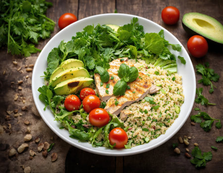 Healthy salad with quinoa, cherry tomatoes, chicken meat, avocado, lime and mixed greens, lettuce, parsley on a wooden table. Superfood and healthの素材