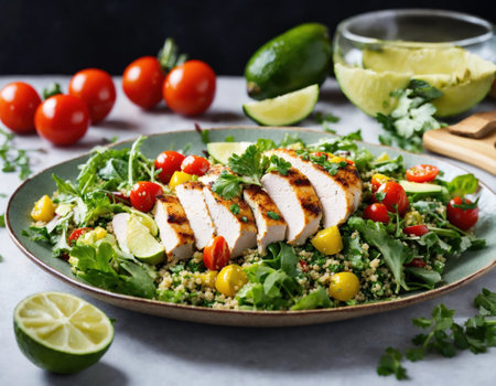 Healthy salad with quinoa, cherry tomatoes, chicken meat, avocado, lime and mixed greens, lettuce, parsley on a wooden table. Superfood and healthの素材