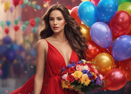 Beautiful woman in red dress with bunch of flowers and balloons.の素材