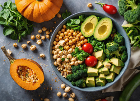 Vegetables salad. Healthy vegan lunch bowl with mushrooms, avocado,, broccoli, spinach, chickpeas, pumpkin on a wooden tableの素材