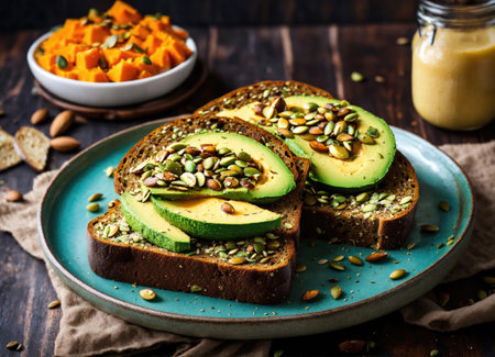 Healthy vegetarian rye bread toasts with sliced avocado, cheese, pumpkin seeds and sesame for breakfastの素材