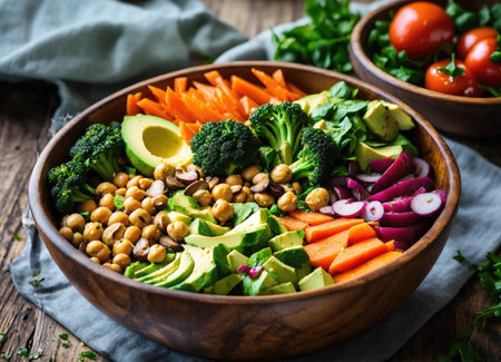 Vegetables salad. Healthy vegan lunch bowl with mushrooms, avocado,, broccoli, spinach, chickpeas, pumpkin on a wooden tableの素材