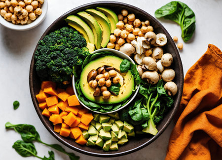 Vegetables salad. Healthy vegan lunch bowl with mushrooms, avocado,, broccoli, spinach, chickpeas, pumpkin on a wooden tableの素材