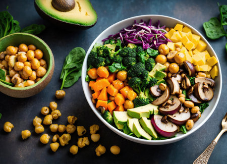 Vegetables salad. Healthy vegan lunch bowl with mushrooms, avocado,, broccoli, spinach, chickpeas, pumpkin on a wooden tableの素材