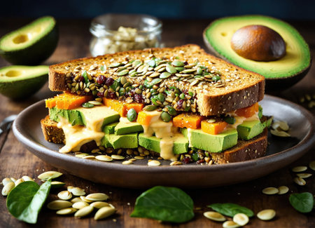 Healthy vegetarian rye bread toasts with sliced avocado, cheese, pumpkin seeds and sesame for breakfastの素材