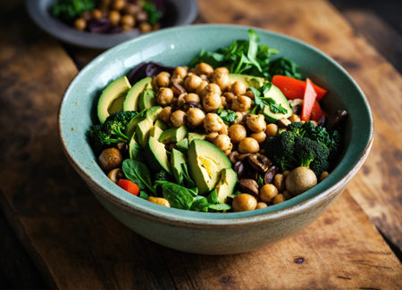 Vegetables salad. Healthy vegan lunch bowl with mushrooms, avocado,, broccoli, spinach, chickpeas, pumpkin on a wooden tableの素材