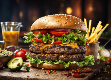 Burger with fried beef, vegetables, sauce on a rustic wooden table. Junk food conceptの素材