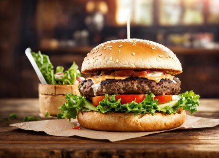 Burger with fried beef, vegetables, sauce on a rustic wooden table. Junk food conceptの素材