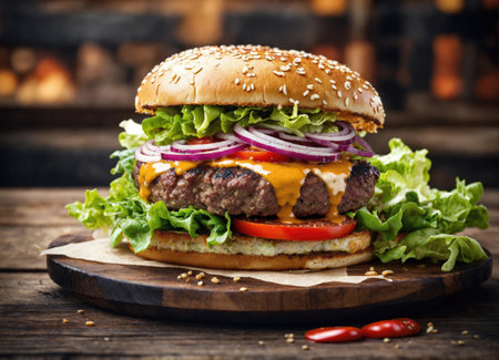 Burger with fried beef, vegetables, sauce on a rustic wooden table. Junk food conceptの素材