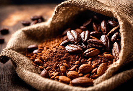 Raw cocoa beans in sackcloth bag and bowl with cocoa powder on a wooden tableの素材