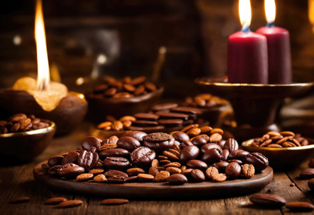 Raw cocoa beans on a wooden tableの素材
