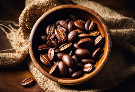 Raw cocoa beans in sackcloth bag and bowl with cocoa powder on a wooden tableの素材