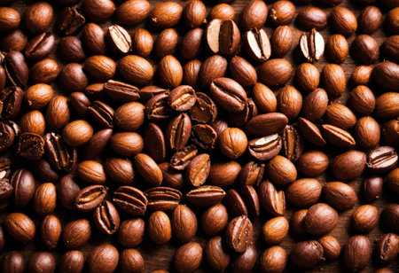 Raw cocoa beans on a wooden tableの素材