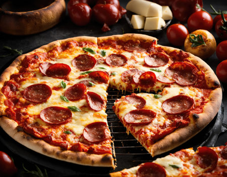 Hot homemade pepperoni pizza on table ready for eatingの素材