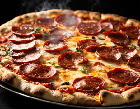 Hot homemade pepperoni pizza on table ready for eatingの素材