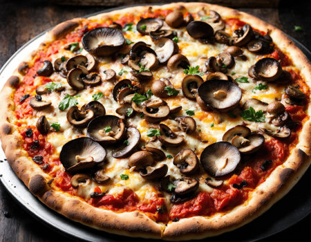 Hot homemade vegetarian pizza with champignon mushrooms, mozzarella cheese and tomato sauce on table, ready for eatingの素材