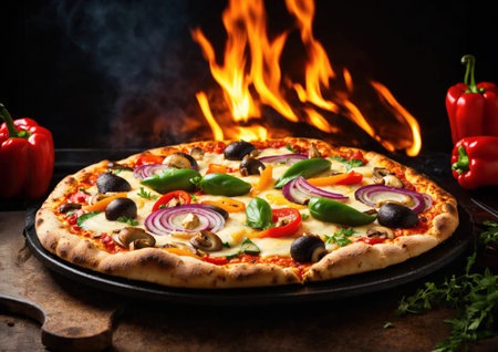 Hot homemade vegetarian pizza on table ready for eatingの素材
