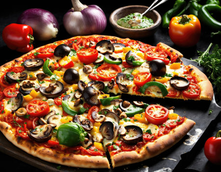 Hot homemade vegetarian pizza with champignon mushrooms, mozzarella cheese and tomato sauce on table, ready for eatingの素材